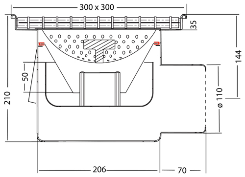 Technical image of VDB Industrial Drains Drain With Horizontal Outlet 300x300mm (Mesh).