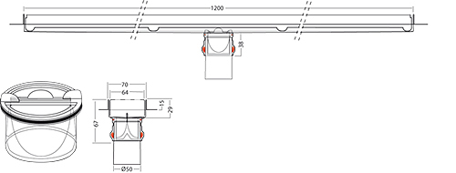 Technical image of VDB Channel Drains Premium Line Shower Channel 1200x70mm (Plain).