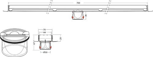 Technical image of VDB Channel Drains Premium Shower Channel 700x70mm (Plain, Black).