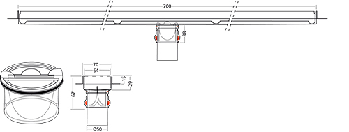 Technical image of VDB Channel Drains Premium Line Shower Channel 700x70mm (Perf).