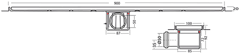 Technical image of VDB Channel Drains Standard Shower Channel 900x100mm (Perf).