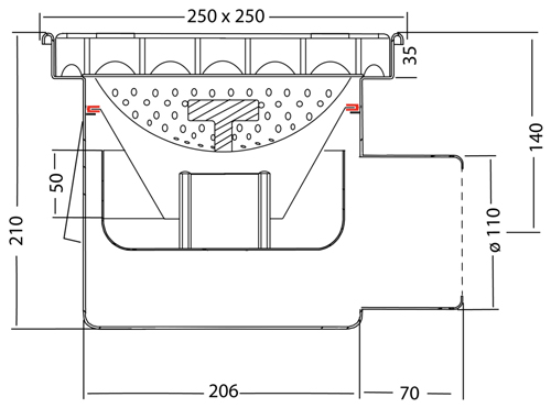 Technical image of VDB Industrial Drains Drain With 110mm Horizontal Outlet 250x250.