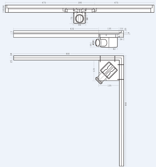 Technical image of Waterworld Corner Wall Channel Gully 800x800mm (Stainless Steel).