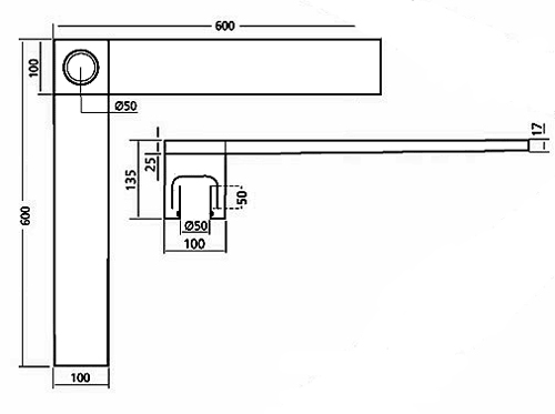 Technical image of Waterworld Wetroom Corner Shower Drain With Side Outlet. 600mm.