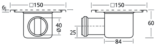 Technical image of Waterworld Stainless Steel Gully With Side Outlet. Low Profile.150x150x60mm