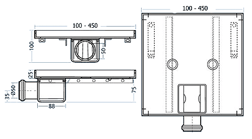 Technical image of Waterworld Stainless Steel Wetroom Tile Drain With Frame. 450x450mm.