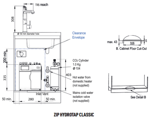 Technical image of Zip G5 Classic AIO Boiling, Chilled & Sparkling Tap (Brushed Chrome, Vented).