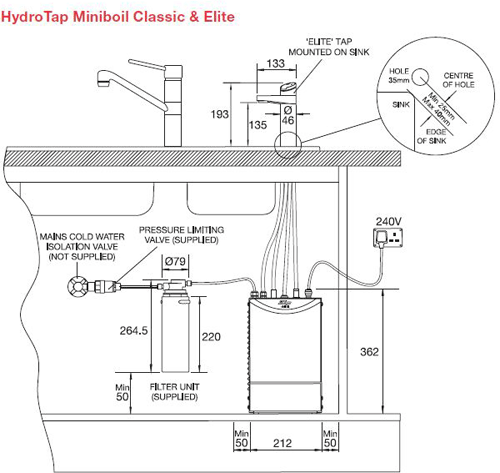 Technical image of Zip Cube Design Filtered Boiling Hot & Ambient Water Tap (Brushed Chrome).