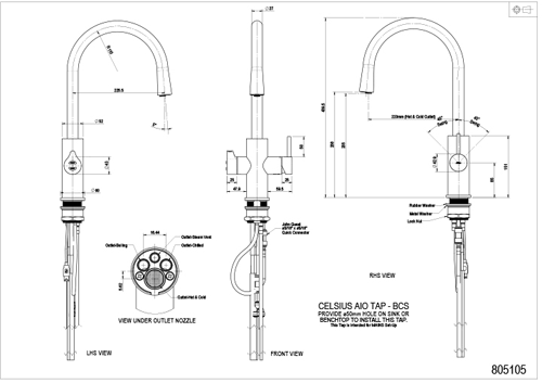 Technical image of Zip Celsius Arc AIO Boiling & Chilled Water Tap (Brushed Rose Gold).